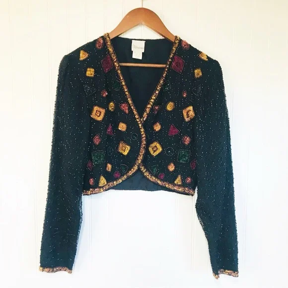 VINTAGE 80s Glam Beaded Sequin Silk Wide Leg Jumpsuit Bolero Jacket Black Size 6